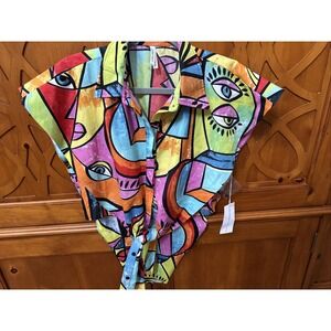 Live 4 Truth Colorful Abstract Long Sleeve Cropped Blouse Size M Geometric